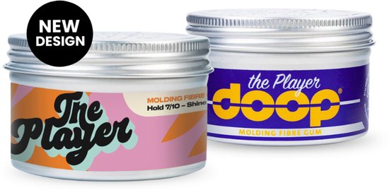 Twee potjes: één met een kleurrijk 'The Player'-label en één met een paars 'doop'-label. Het linker potje heeft een zwart 'NEW DESIGN'-label.