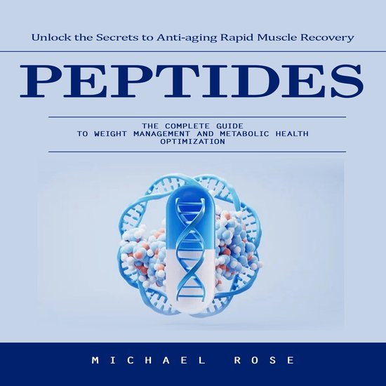 Boekhoes 'Peptiden: Ontgrendel de geheimen voor anti-aging en snel spierherstel', met een DNA-helix en capsule.