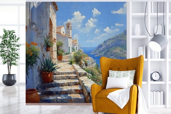 Behang - Fotobehang Trap - Huizen - Berglandschap - Zee - Breedte 240 cm x hoogte 240 cm