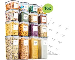 Voorraadbussen met 192-delige Sticker set - Voorraadpotten Kunststof - Vershoudbakjes 16 stuks