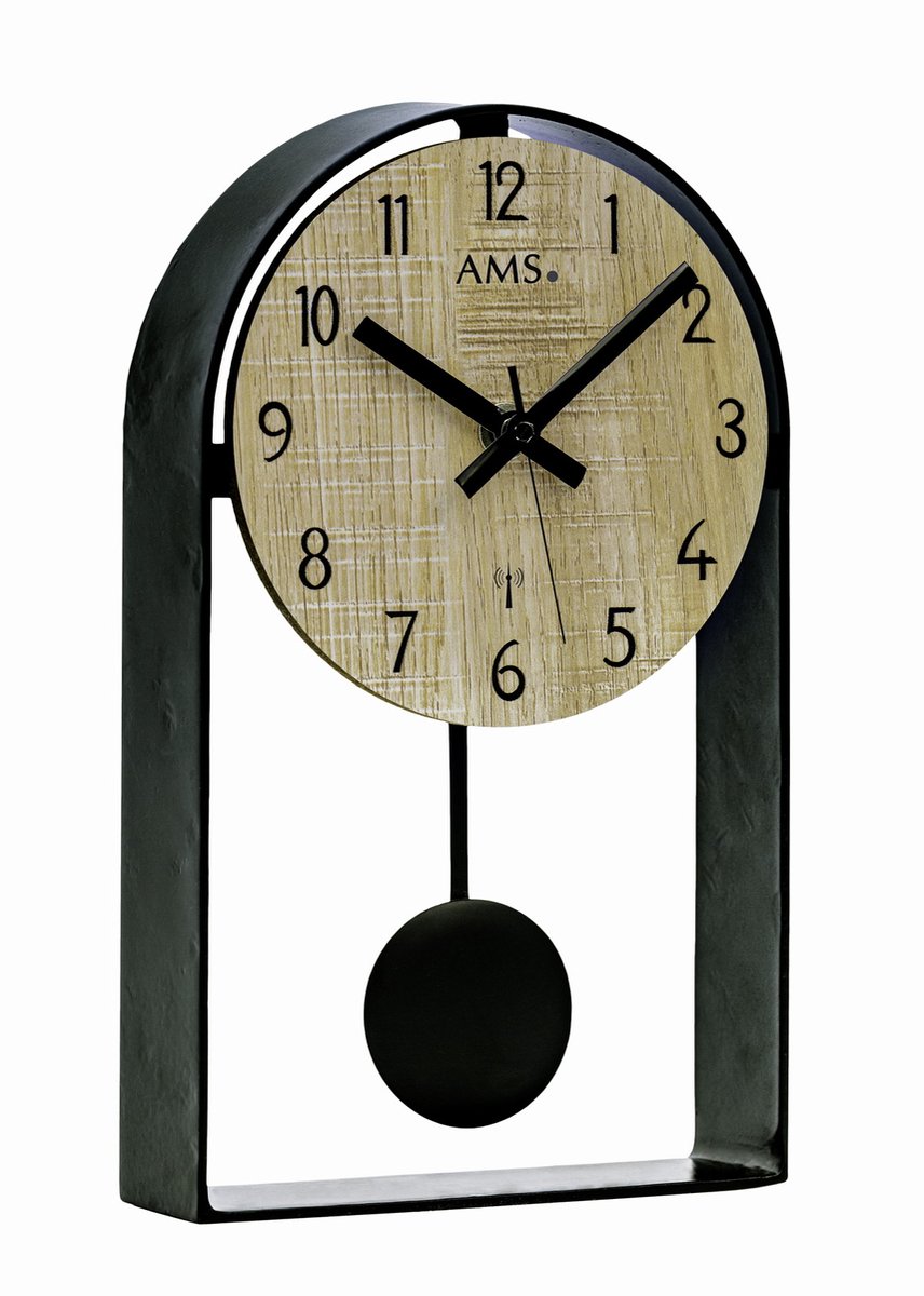 AMS F5189 - Wandklok - Tafelklok - Analoog - Slingeruurwerk - Metaal - Hout - Halfrond - Radiogestuurde tijdsaanduiding - Cijfers - Zwart - Beige/Crème