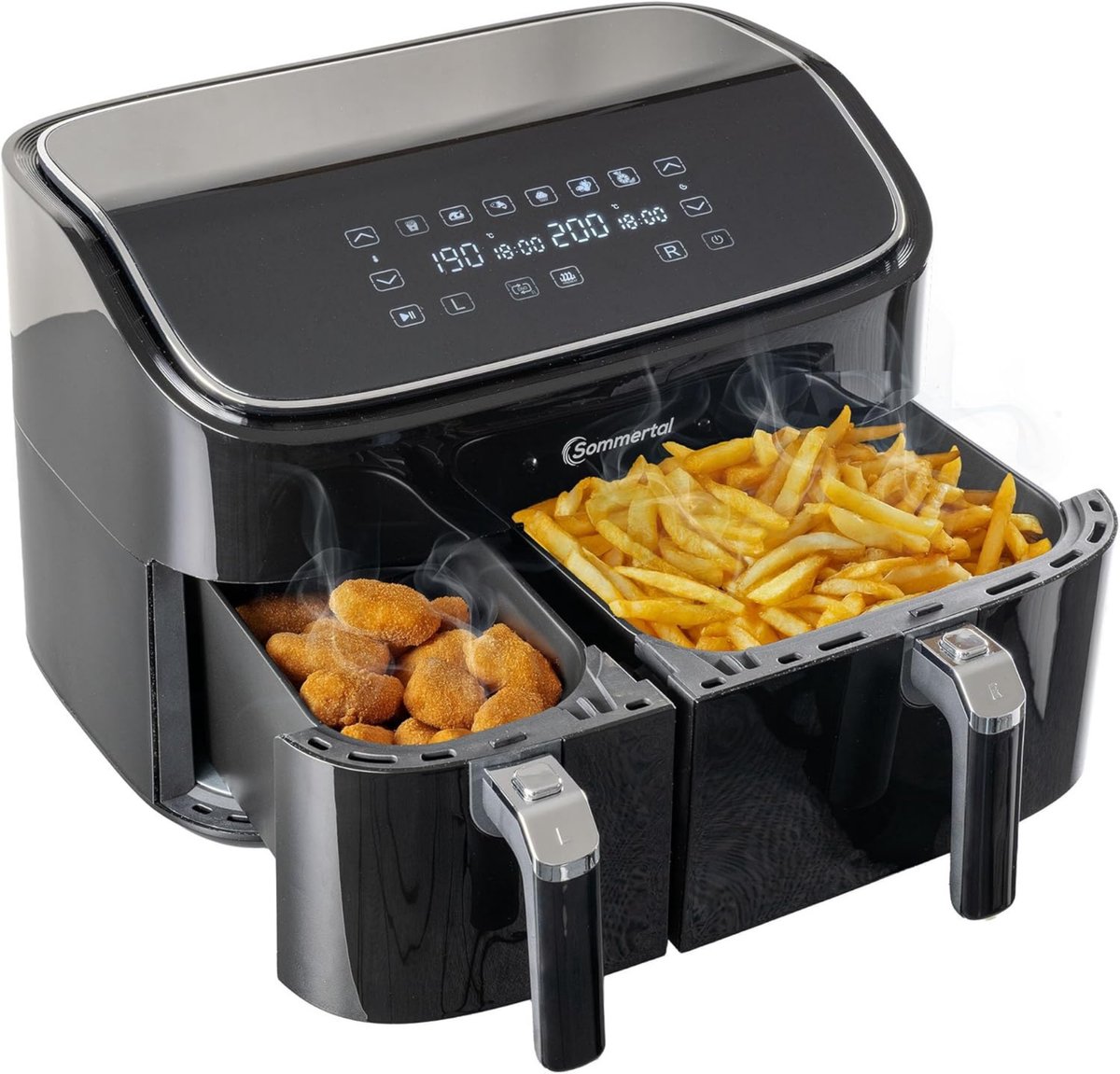Sommertal HF DUAL 900 heteluchtfriteuse met dubbele kamer | 9 liter XXL heteluchtfriteuse & dehydrator | 2850 W | Digitaal touchscreen | 3D-luchtcirculatiesysteem | Voorverwarmen | Synchronisatiefunctie