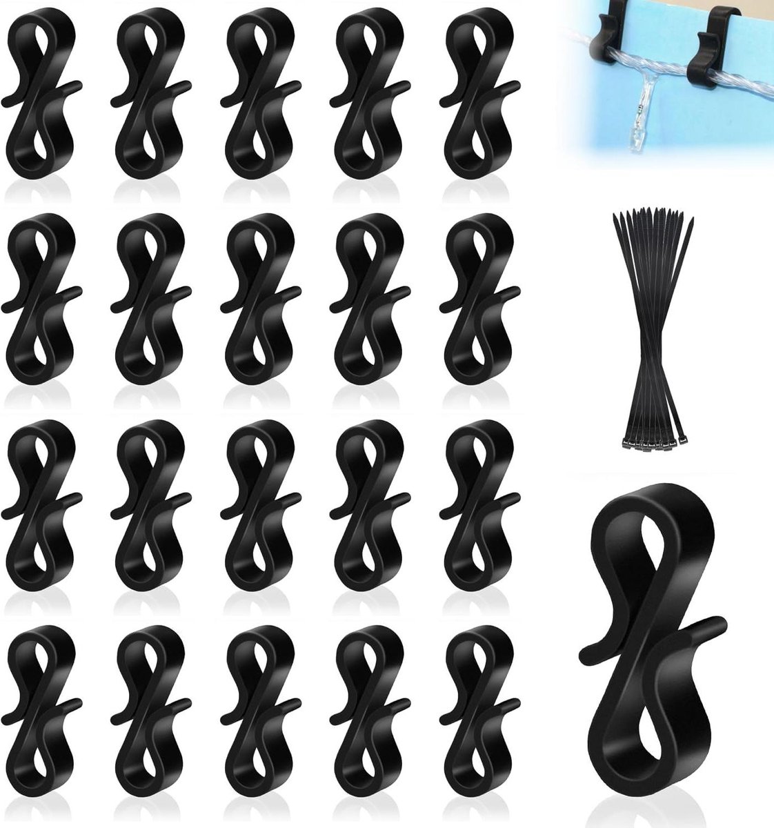 Allecto Plus - Zwarte dakgoothaken 120 stuks - Herbruikbare plastic S-dakgootclips - Nylon banden - Voor elke gelegenheid - Eenvoudige installatie