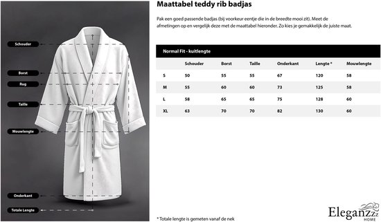 Maattabel teddy rib badjas met illustratie van een badjas en maatindicaties.