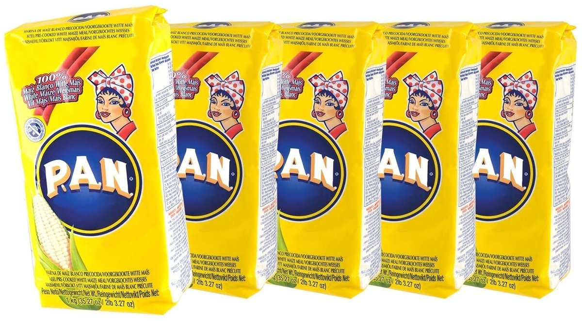 Pan Wit fijn maïsmeel, voorgekookt, Colombia - Venezuela, zak 1,0 kg - Harina de Maiz Blanco precocida, 1 kg, 5-pack 5 x 1 kg met Kajal Sticker