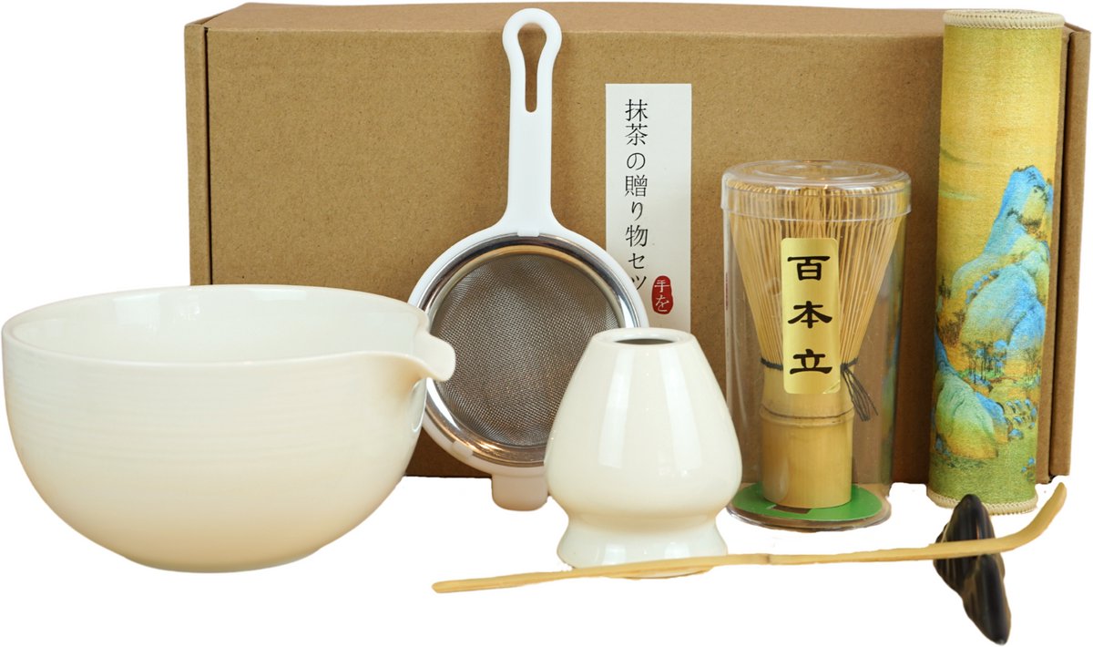 Dastium Home Matcha - Matcha Set - 7-delige set met matcha klopper, matcha kom, lepel, whisk houder, lepelhouder, onderlegger doek en zeef - Matchaset - Matcha Starterkit - Wit