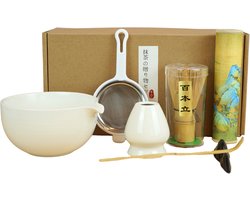 Dastium Home Matcha - Matcha Set - 7-delige set met matcha klopper, matcha kom, lepel, whisk houder, lepelhouder, onderlegger doek en zeef - Matchaset - Matcha Starterkit - Wit