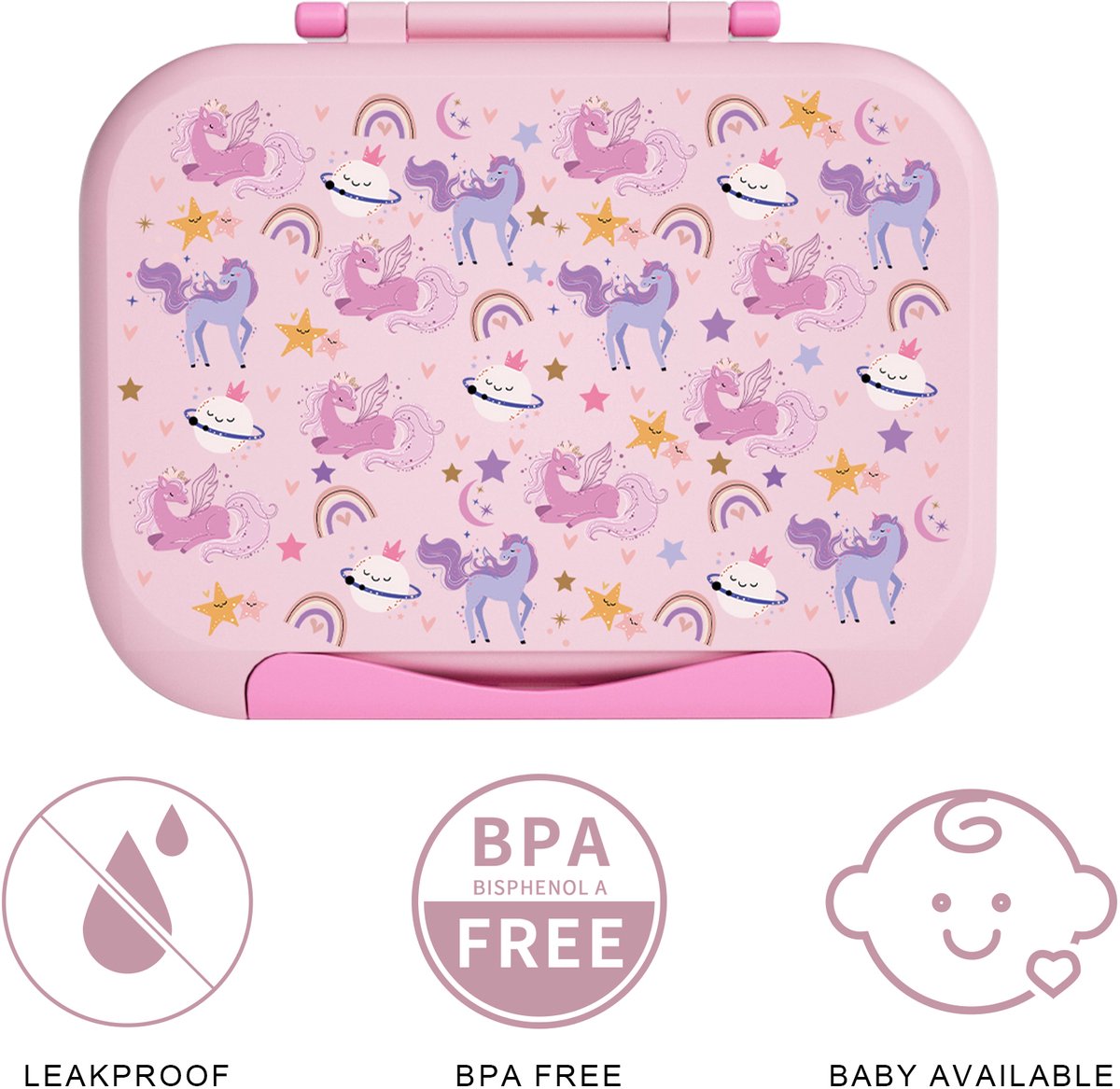 BentOH! Bento Box en Brooddoos 2-in-1 voor Kinderen - Eenhoorn - Lekvrij & BPA-vrij – Met 3 Uitneembare Vakken – Magnetron-, Vriezer- & Vaatwasser bestendig — afbeelding 4