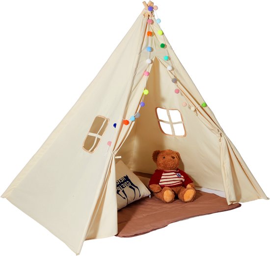 Kinderspeeltent, tipi voor 1-5 jaar, mat & pluche ballen, raam, binnen & buiten, jongens & meisjes, beige — afbeelding 5
