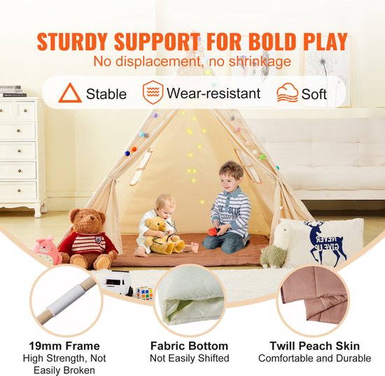 Kinderspeeltent, tipi voor 1-5 jaar, mat & pluche ballen, raam, binnen & buiten, jongens & meisjes, beige — afbeelding 4