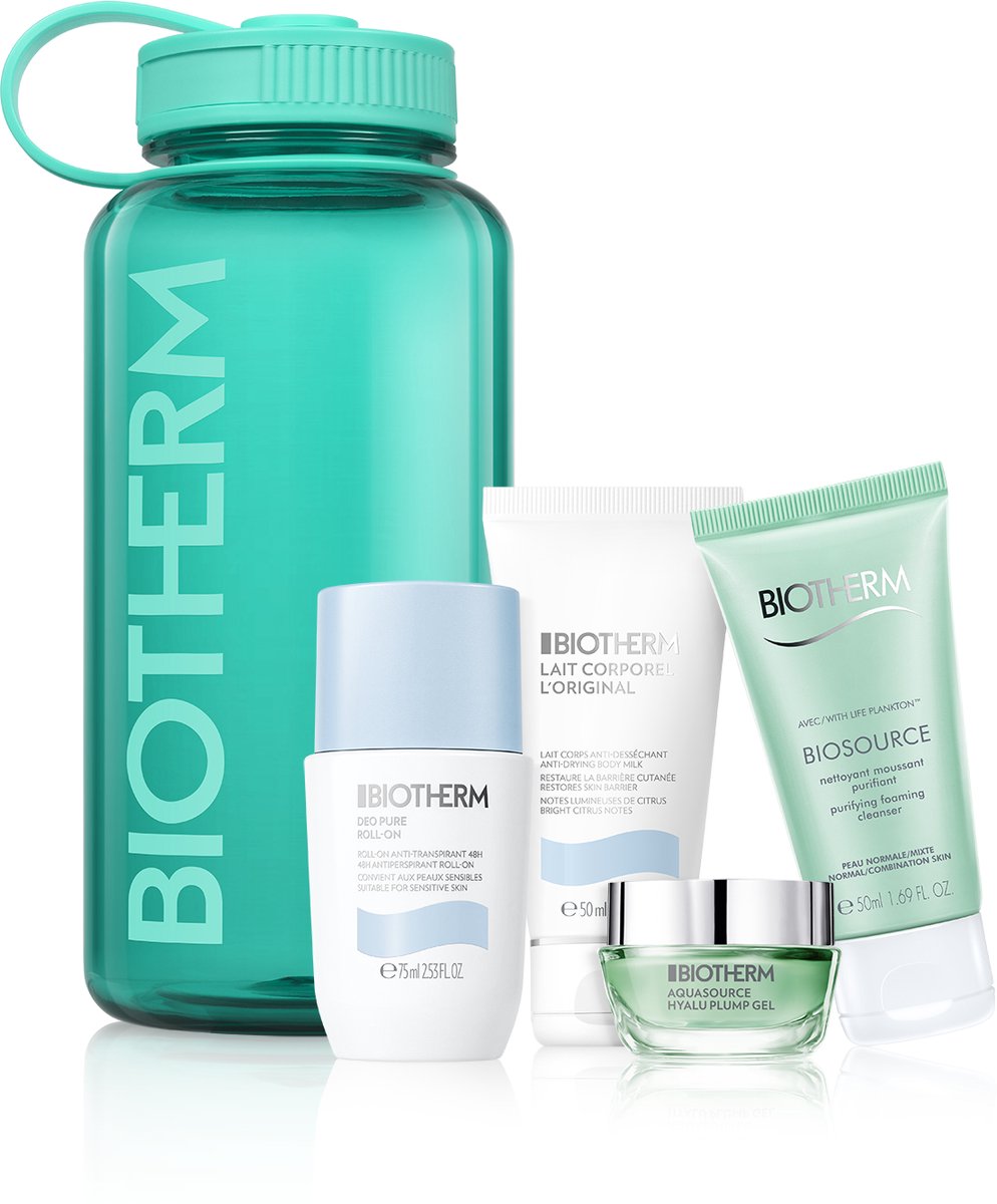 BIO S1 25 AQUA DROP SET : Deo pure roll on 75ml +Aquasource Gel 15ml +Lait Corporel 50ml +Biosource Nettoyant visage 50ml