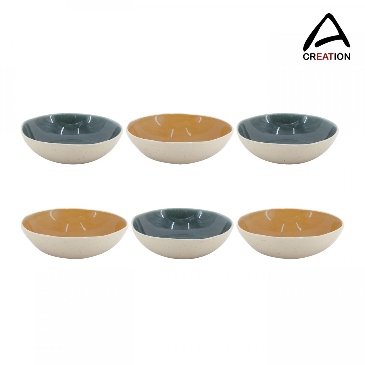 Coralia – Set van 6 diepe borden Ø 18,5 cm (680 ml) – Porselein met reactief glazuur – Beige, groen & oranje