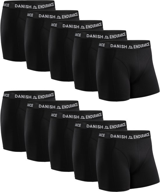 Tien zwarte boxershorts, elk met een elastische band met het DANISH ENDURANCE logo.