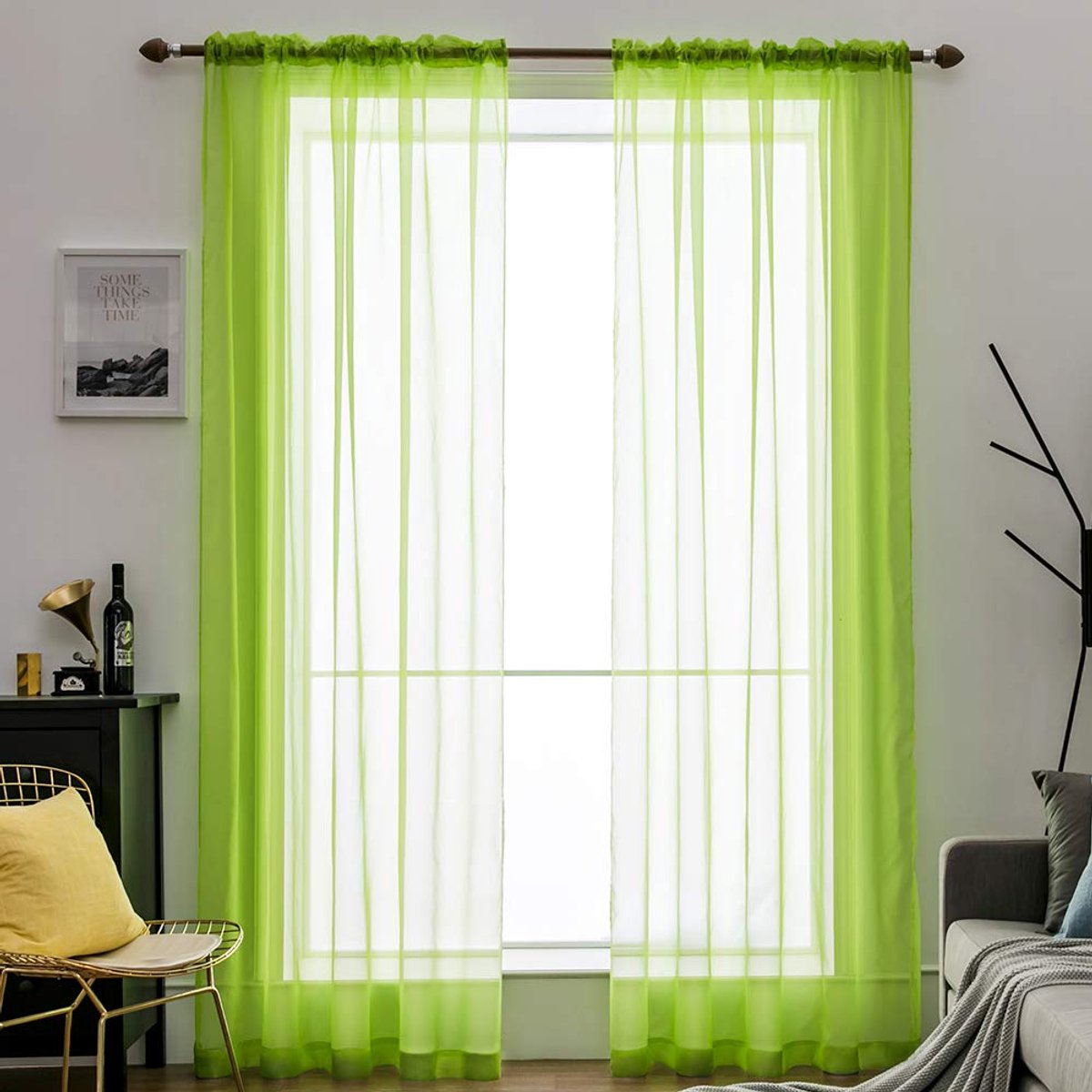 Ibenzoa Transparante Voile Gordijnen Set met Stang Doorgang Lichtgroen 280x140 cm, Set van 2