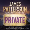 Boekomslag met de titel 'PRIVATE' in paarse letters op een gouden bord, met de namen James Patterson & Maxine Paetro erboven.