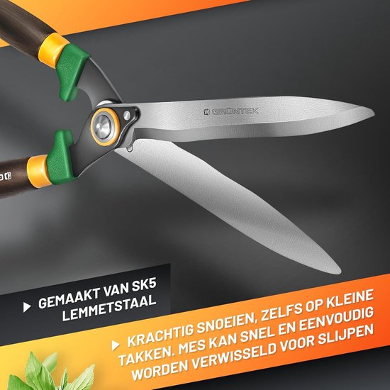 Hedge Trimmer - Robust garden and shrub shears with serrated edge SK5 carbon steel ergonomic ash wood handle and impact buffer for sustainable and efficient garden maintenance. — afbeelding 2