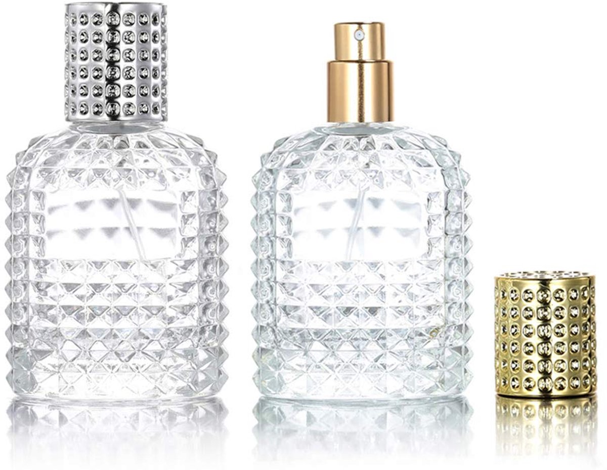 Mini parfumflesjes - 2 Stuks - 50ml - Spuitfles Leeg - Reisfles - Parfumverstuiver - Parfumflessen - Navulbaar - Goud en zilver - Transparant - Glazen - Voor reizen, uitgaan, handtassen