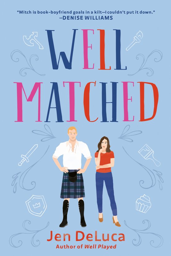 Boekkaft met de titel 'WELL MATCHED' in blauwe, roze en rode letters. Een man in een kilt en een vrouw in een spijkerbroek staan centraal. Wikkelingen en symbolen versieren de blauwe achtergrond.