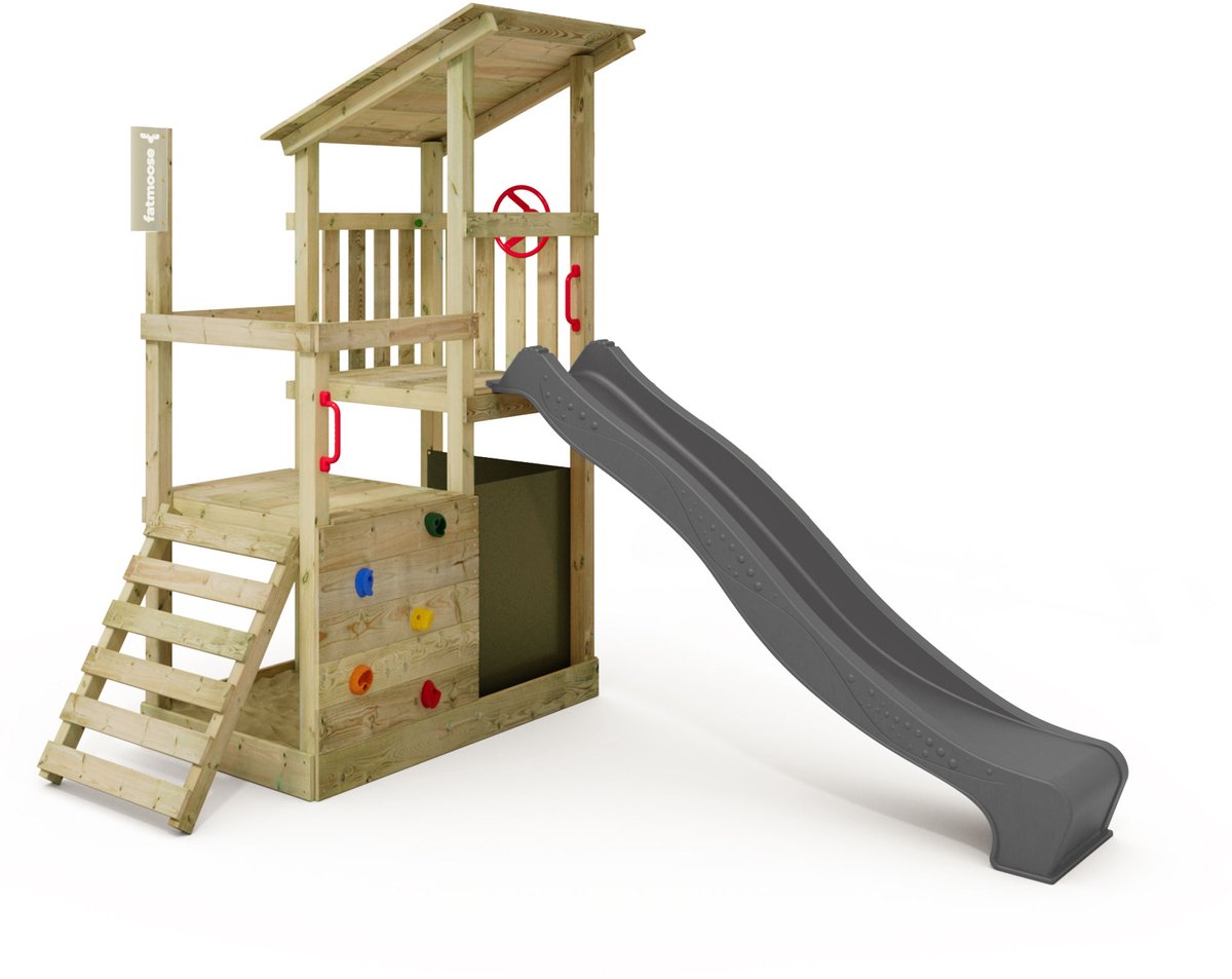 Fatmoose FruityForest Fun XXL Klimtoren - Glijbaan met Schuine klimladder en Rechte klimwand - 205x274 cm - Antraciet