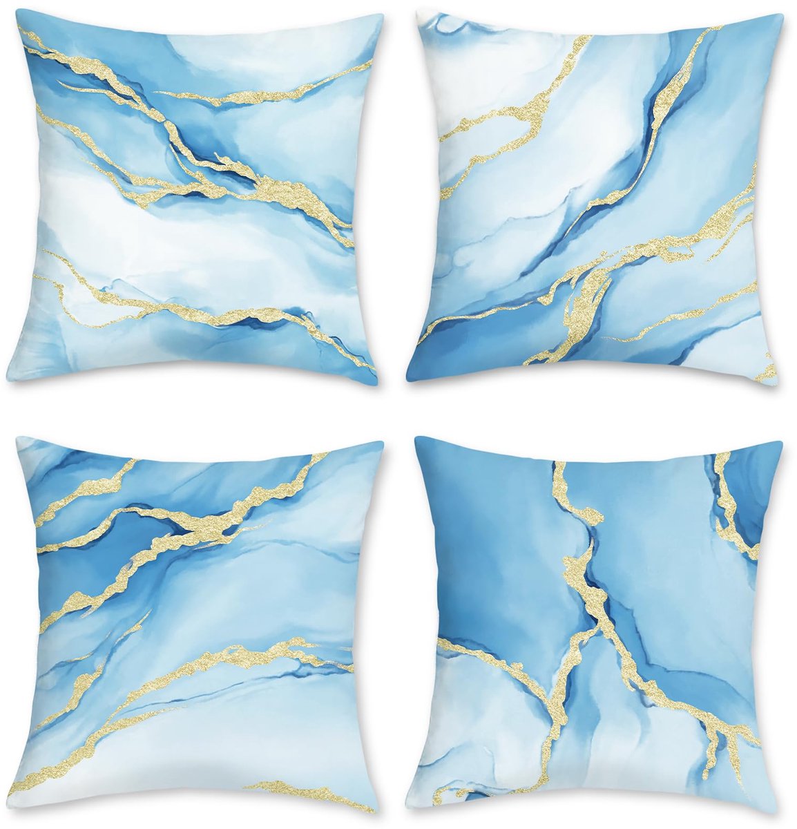 Ibenzoa Set van 4 Moderne Marmerlook Kussenslopen in Blauw en Goud, 45 x 45 cm