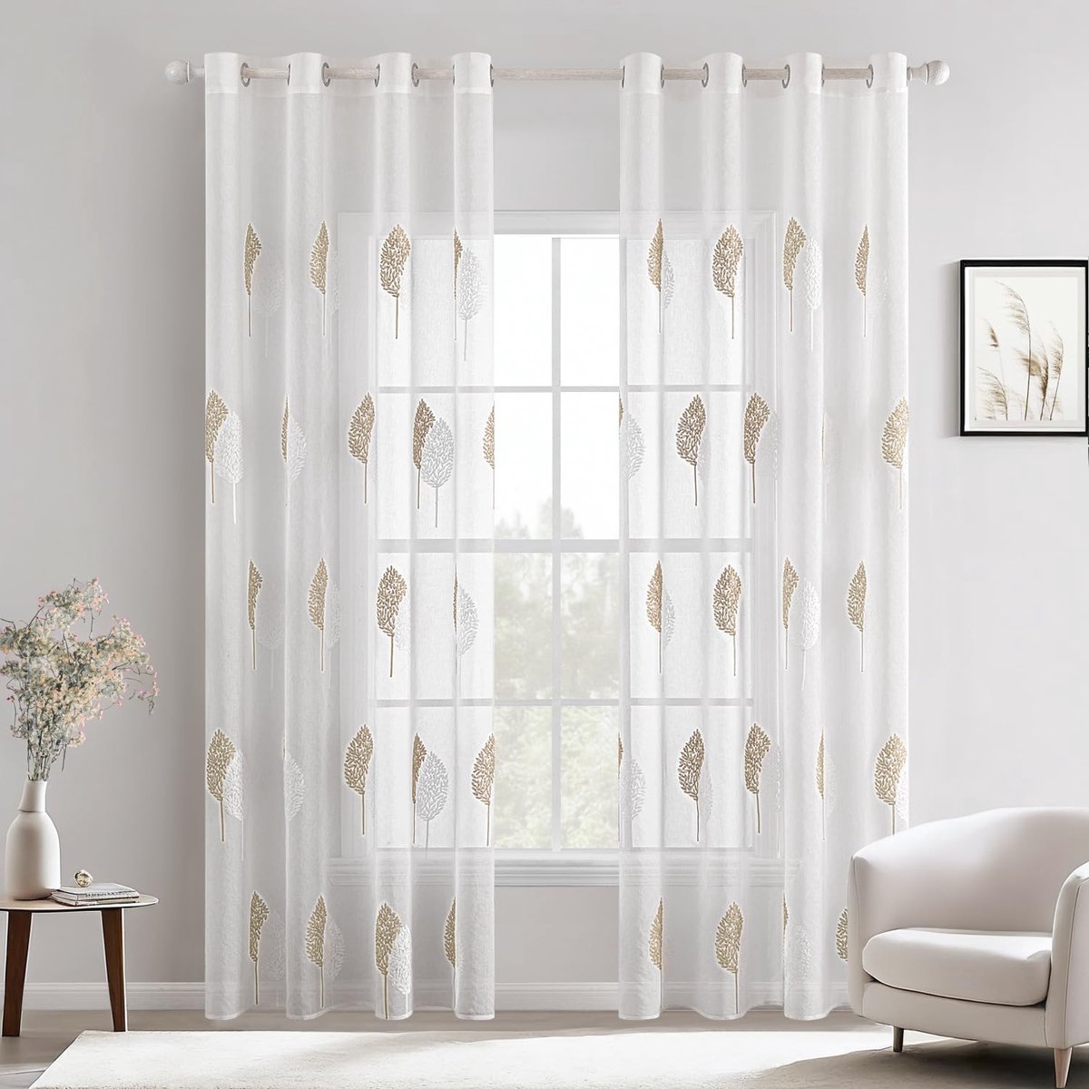 Ibenzoa Transparante Gordijnen met Bladpatroon voor Slaapkamer en Woonkamer, Set van 2 beige