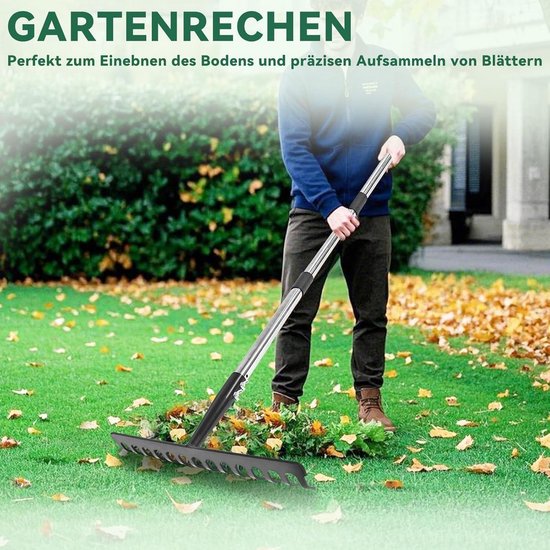 Metal Garden Rake with 14 Teeth and Leaf Crushers - Stainless Steel Handle - for Loosening Ground and Leveling Lawn - Robust Construction — afbeelding 5