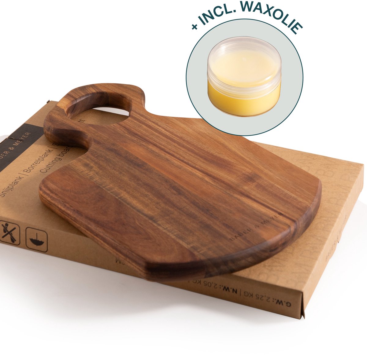 BAUER & MEYER® Snijplank hout Incl. Waxolie - Hakblok - Borrelplank - 3 cm dik - Premium Acacia Hout - 45 x 27 x 3.0 cm - S500 Medium
