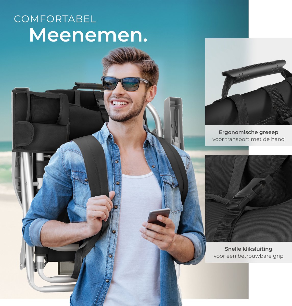 tectake® Strandstoel Coral - Opvouwbare Campingstoel met Koeltas en Opbergtas - 5-voudig Verstelbare Rugleuning met Hoofdkussen - Brede Armleuningen met Bekerhouder / Telefoonhouder - Inklapbare Kampeerstoel - Zwart — cadeau in Sport & Outdoor - foto 6