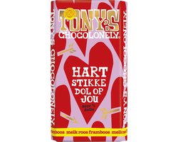 Tony's Chocolonely - Chocoladecadeau- Melk Roos Framboos - Chocoladereep - Hart - 180 gram - Fairtrade Belgische chocolade
