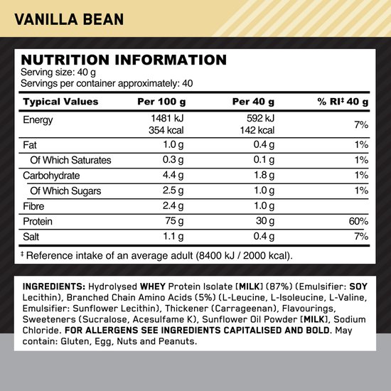 Optimum Nutrition Platinum Hydrowhey - Vanilla Bean Eiwitshake - 100% Whey Isolaat Proteine Poeder - 1600 gram (40 shakes) — afbeelding 3