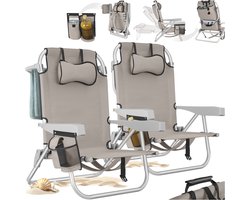 tectake® Strandstoelen Coral - Set van 2 Opvouwbare Campingstoelen met Koeltas en Opbergtas - 5-voudig Verstelbare Rugleuning met Hoofdkussen - Brede Armleuningen met Bekerhouder / Telefoonhouder - Inklapbare Kampeerstoel - Beige