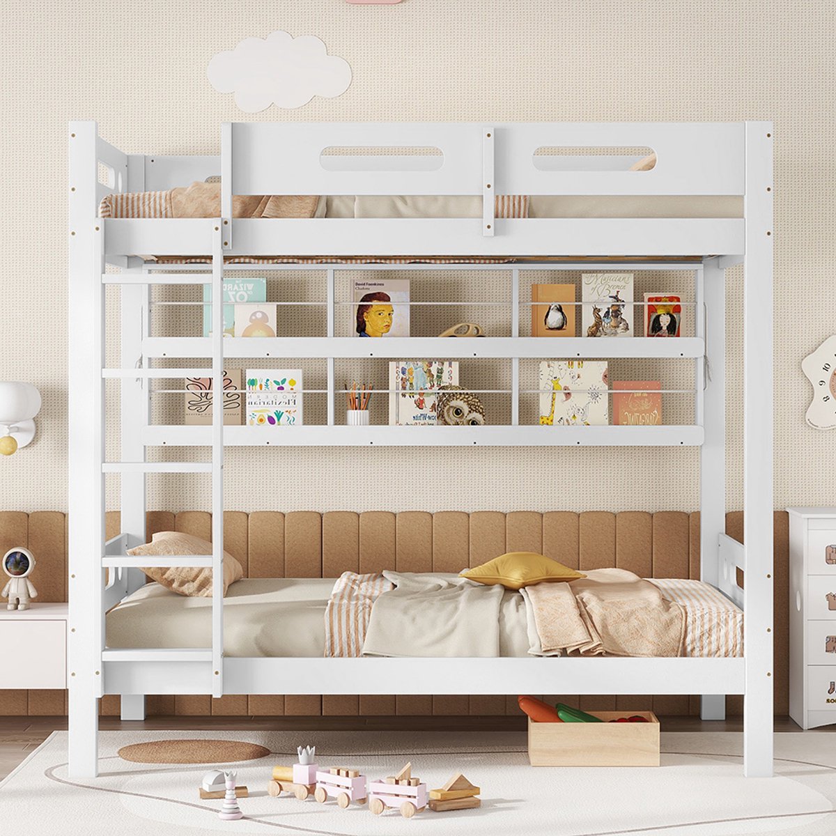 Pugsdrly Stapelbed, kinderbed met veiligheidshek, open plank, ladder met vijf treden, veel opbergruimte, grenen + MDF, wit, 90 x 200 cm