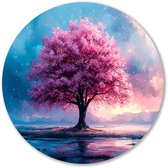 Roze boom in een landschap - Boom wandcirkels - Rond wandpaneel bloesem - Impressionisme - Forex wandkunst rond - Klassiek geïnspireerde wanddecoratie - muurcirkel forex 90x90 cm