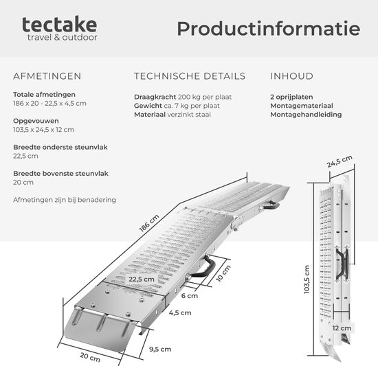tectake® - Set van 2 oprijplaten Björn - Opvouwbaar met draaggrepen - Inklapbaar - Belastbaar tot 400 kg - 200 kg per plaat - 186 cm