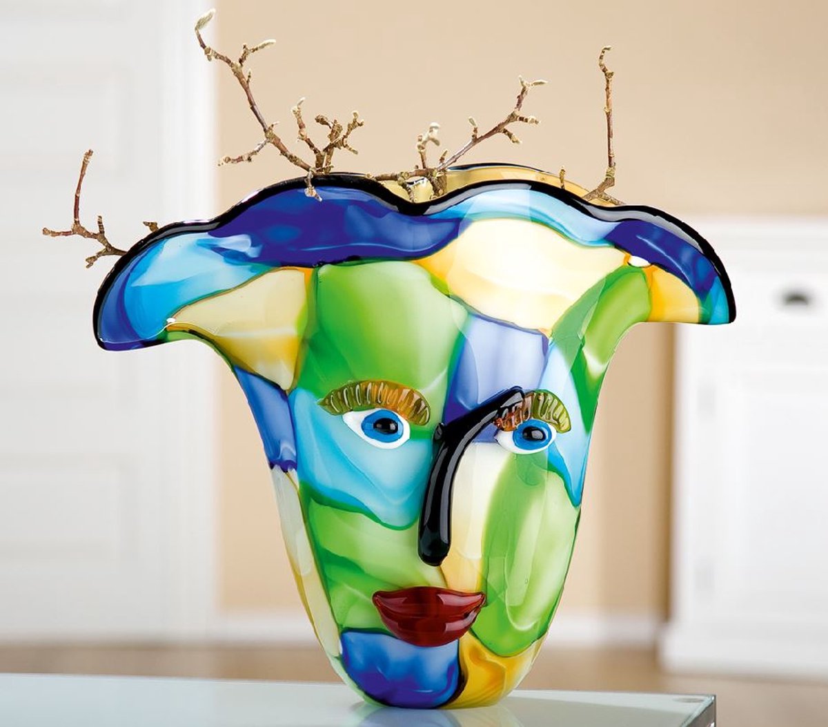 GlasArt Vaas 'Viso Blue' | Kleurrijk Design met Gezicht l Breed 37 cm Hoogte 31 cm