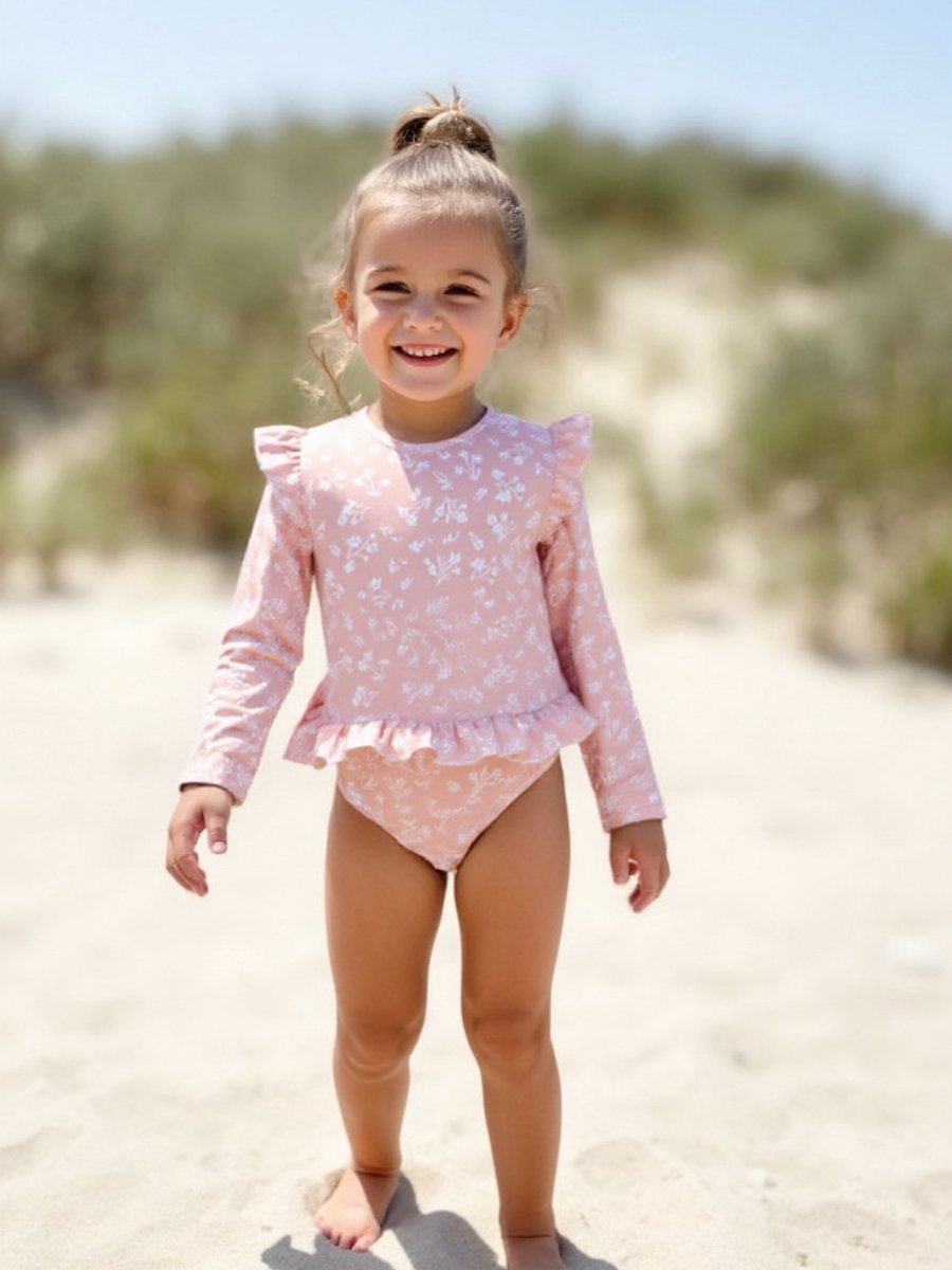 Joya Kids® Badpak Lange Mouw Oud Roze met Bloemen print met Ruches Meisjes | Zwempak met ruches UV Badpak Roze Gebloemd | Zwempak Lange Mouw UV Bescherming | Meisje Bikini Zomer | Kinderbadpak Peuter | | 5 - 6 Jaar — afbeelding 5