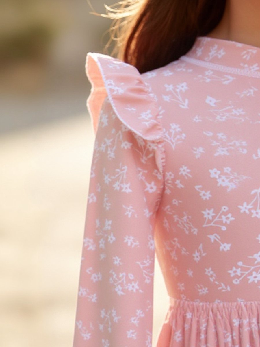 Joya Kids® Badpak Lange Mouw Oud Roze met Bloemen print met Ruches Meisjes | Zwempak met ruches UV Badpak Roze Gebloemd | Zwempak Lange Mouw UV Bescherming | Meisje Bikini Zomer | Kinderbadpak Peuter | | 5 - 6 Jaar — afbeelding 7