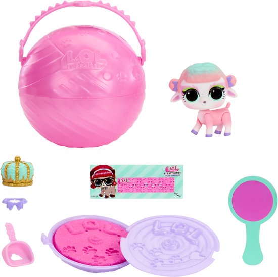 Roze L.O.L. Surprise! bal met roze schaap-pop, kroon, bril, roze zand en accessoires.