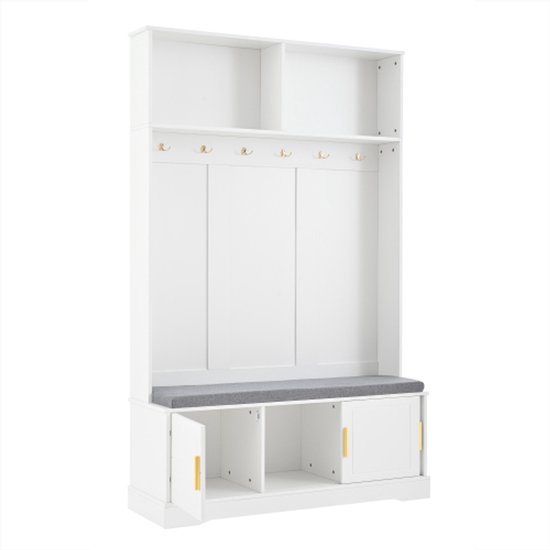 Witte kapstok met grijze zitbank, open bovenste planken, zes haken en drie opbergvakken met deuren.
