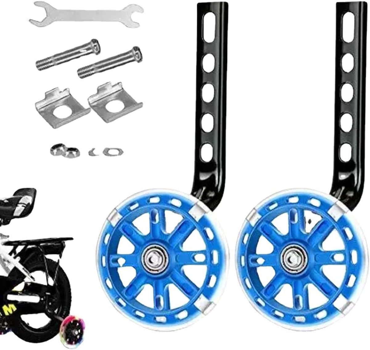 Fietstrainingswielen Mute Flash Wheels Verstelbare fietsstabilisator gemonteerde set Compatibel met fietsen van 12, 14, 16, 18 en 20 inch, 1 paar (blauw)