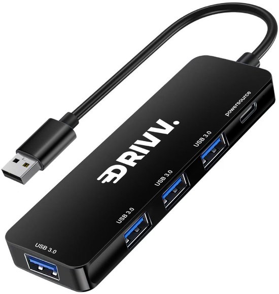 Drivv. USB Splitter 4 poorten - USB 3.0A - USB Hub 3.0 - Aluminium Behuizing - Zwart