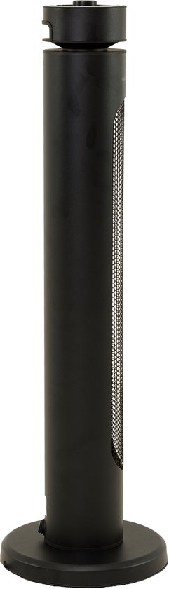 Zwarte staande torenverwarmer met ronde voet en rasterdetails aan de zijkant.