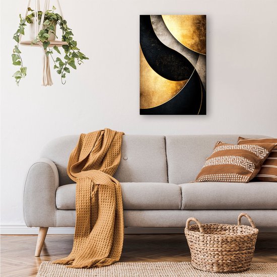 Gouden en zwarte abstracte vormen - Goud glasschilderij - Muurkunst vormen - Abstracte kunst - Schilderij op acrylglas - Slaapkamer decoratie - Glasschilderij 100x150 cm