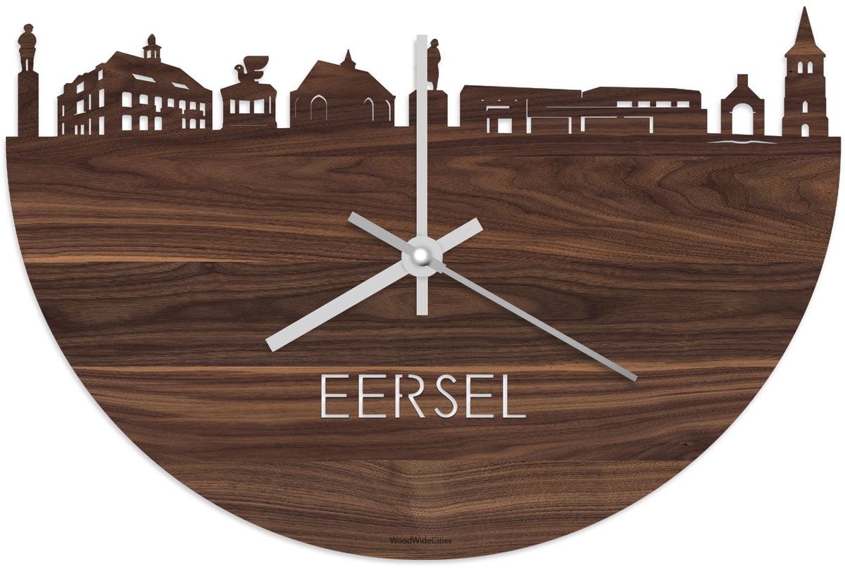 Skyline Klok Eersel Notenhout - Ø 40 cm - Stil uurwerk - Wanddecoratie - Meer steden beschikbaar - Woonkamer idee - Woondecoratie - City Art - Steden kunst - Cadeau voor hem - Cadeau voor haar - Jubileum - Trouwerij - Housewarming - WoodWideCities