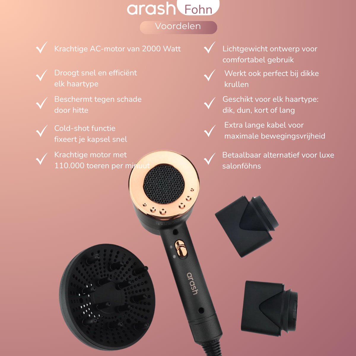 Arash föhn met diffuser - Föhn - 3 Standen - 2000 Watt - afbeelding 2
