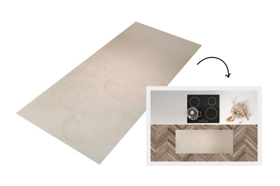 Tapis de cuisine beige avec motif circulaire en relief, a côté d'une image d'une plaque de cuisson.