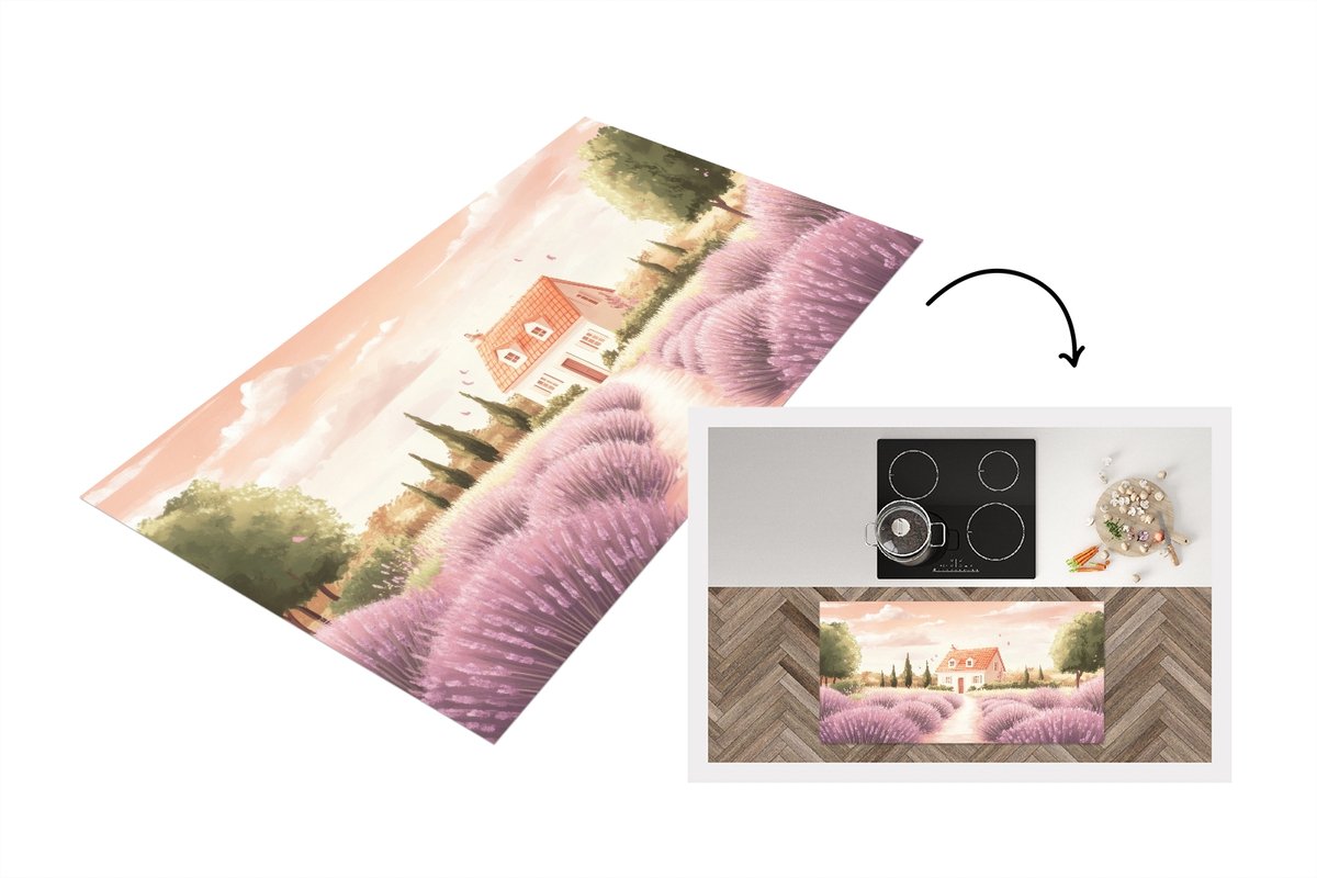 KitchenYeah Keukenloper 120x60 cm - Keukenmat vinyl Lavendelveld - Huis - Paars - Keukenmatten loper - Keuken vloerkleed tapijt Huisjes - Lavendel