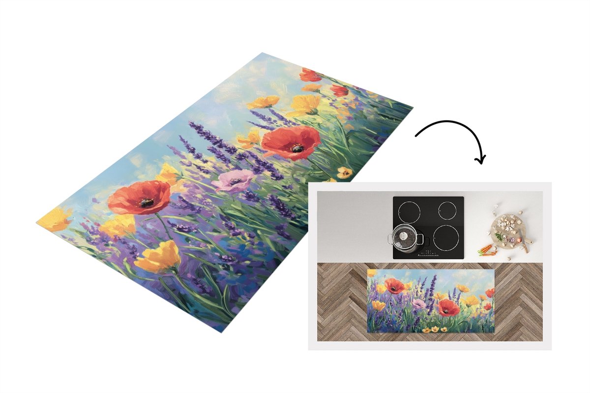 KitchenYeah Keukenloper 120x60 cm - Keukenmat vinyl Weide - Bloemen - Kleurrijk - Keukenmatten loper - Keuken vloerkleed tapijt Klaprozen