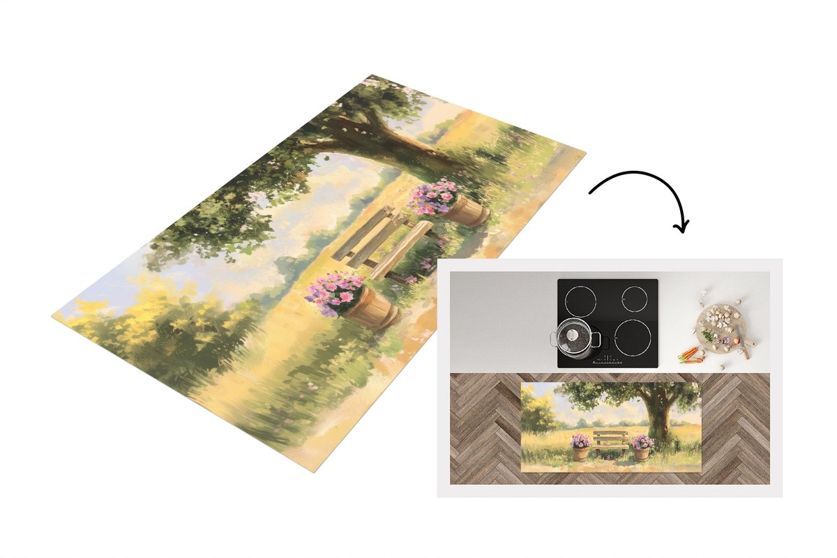 KitchenYeah Keukenloper 120x60 cm - Keukenmat vinyl Houten bankje - Bloempotten - Landschap - Keukenmatten loper - Keuken vloerkleed tapijt Landschap - Houten bankje