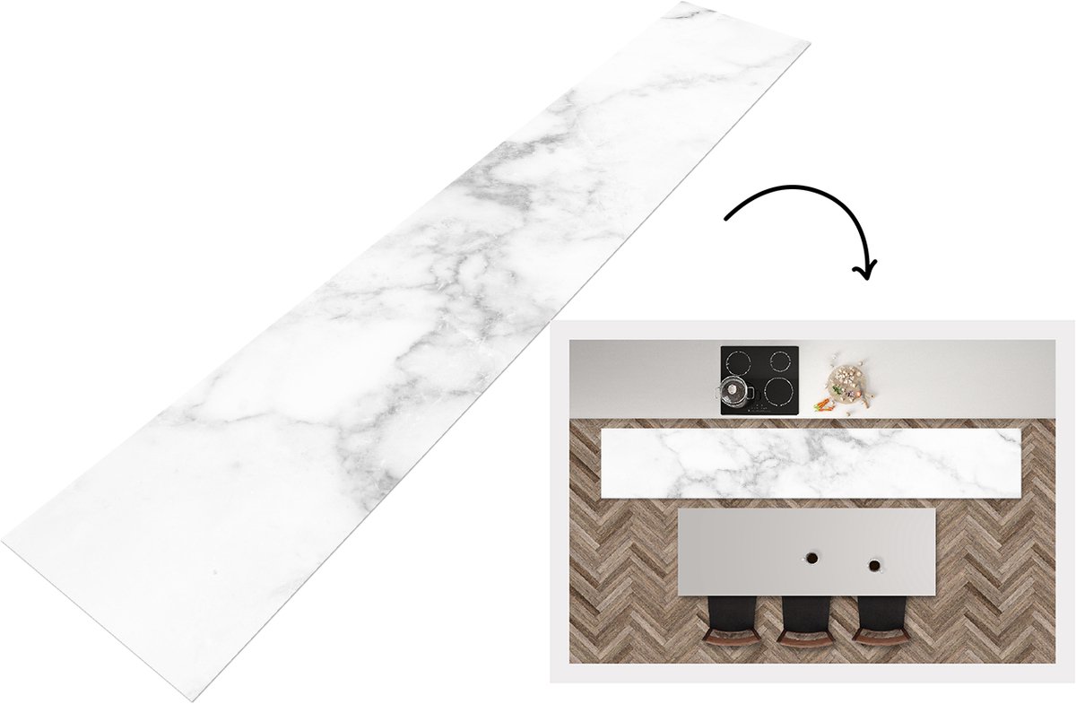 KitchenYeah Keukenloper 360x60 cm - Keukenmat vinyl Marmer - Wit - Grijs - Luxe - Marmerlook - Steen - Keukenmatten loper - Keuken vloerkleed tapijt